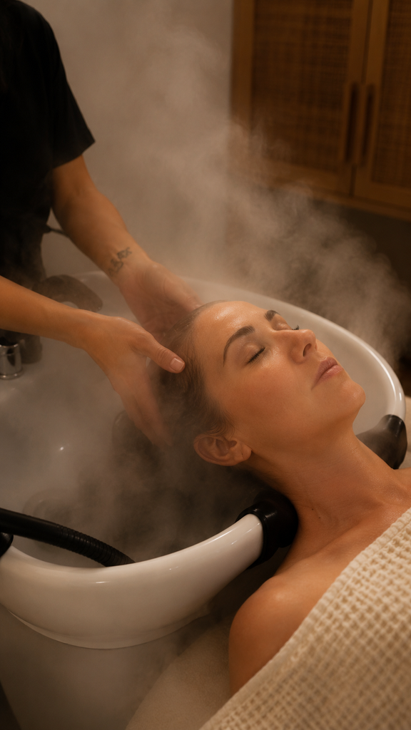 A woman receiving a relaxing scalp treatment and massage